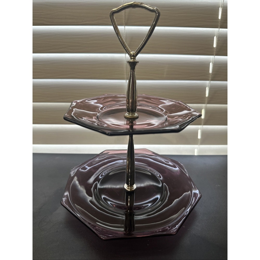 Vintage Hazel Atlas 2 Tiered Amethyst Purple Glass Jewelry Tray Cottage Core
